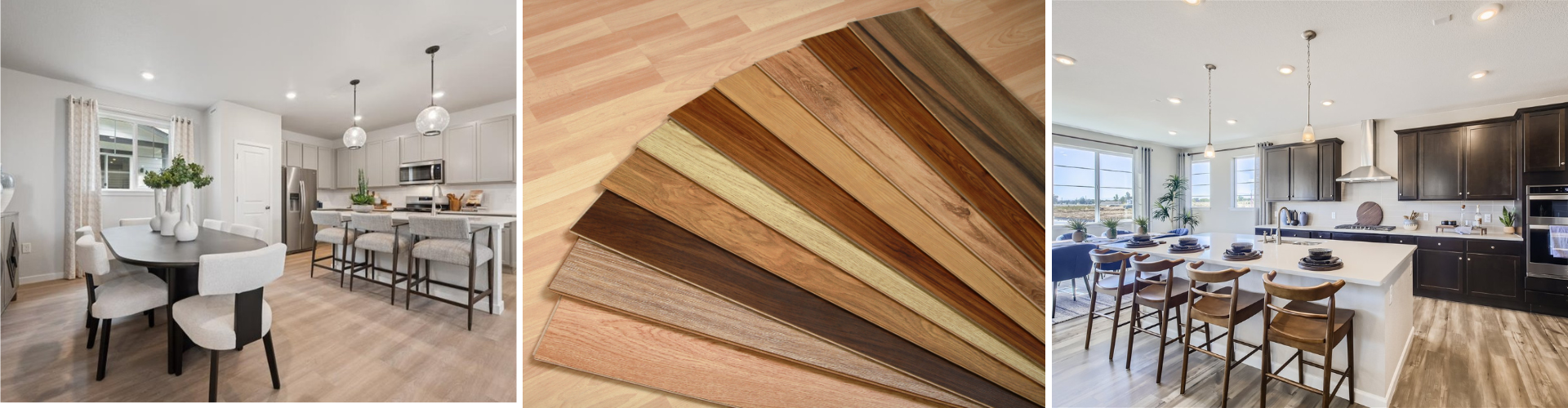 A kitchen with a wood door.