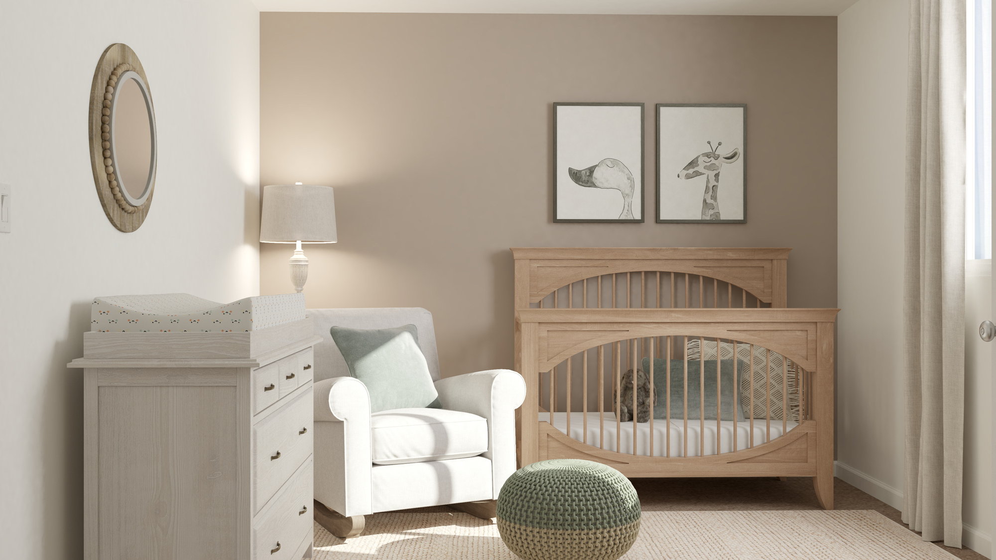 A room with a bed and a chair.