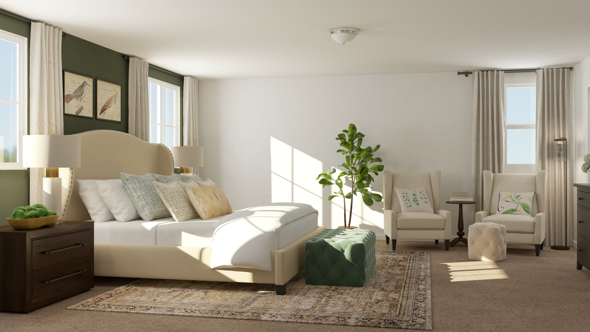 A room with a bed and chairs.