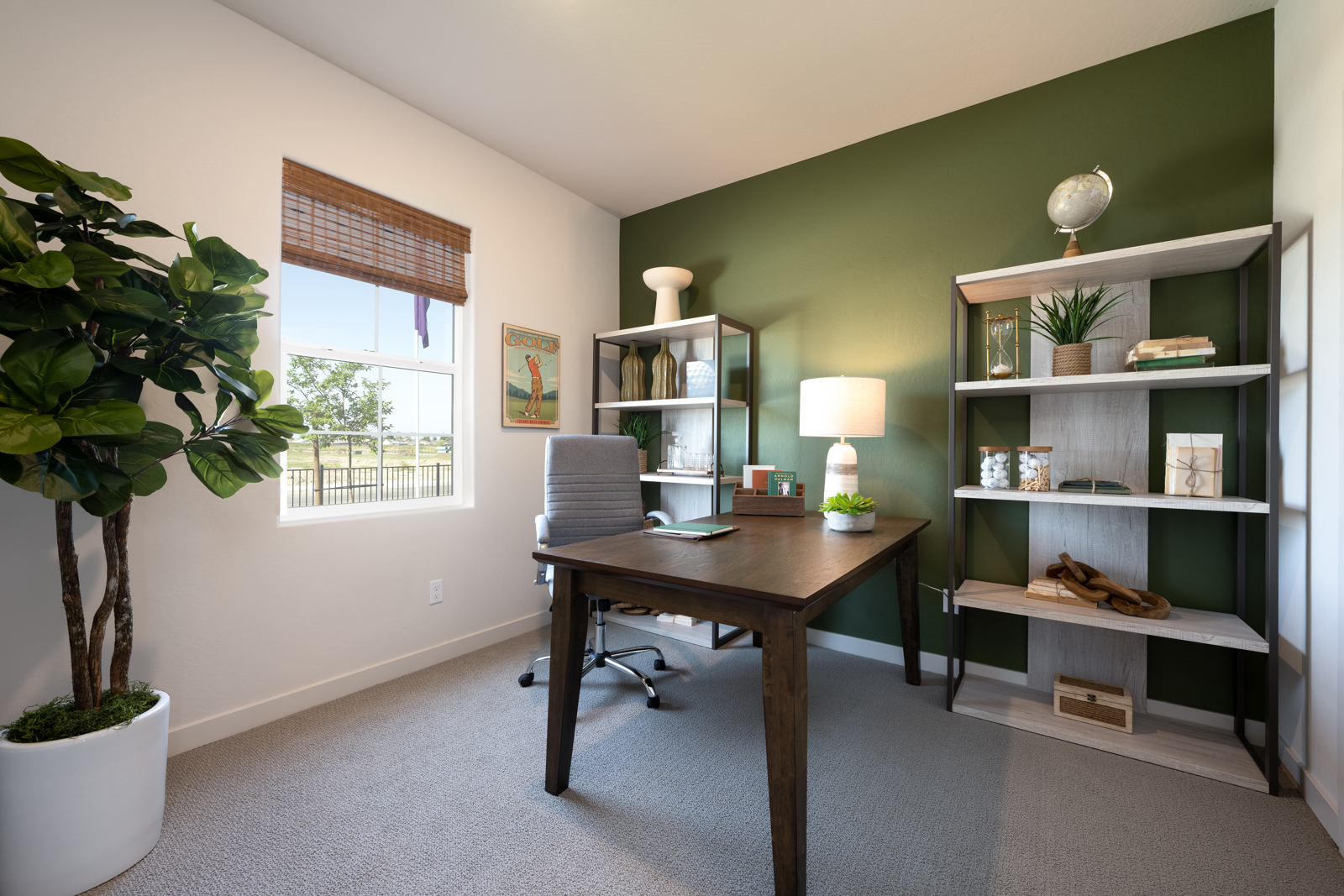 A room with a table and shelves.