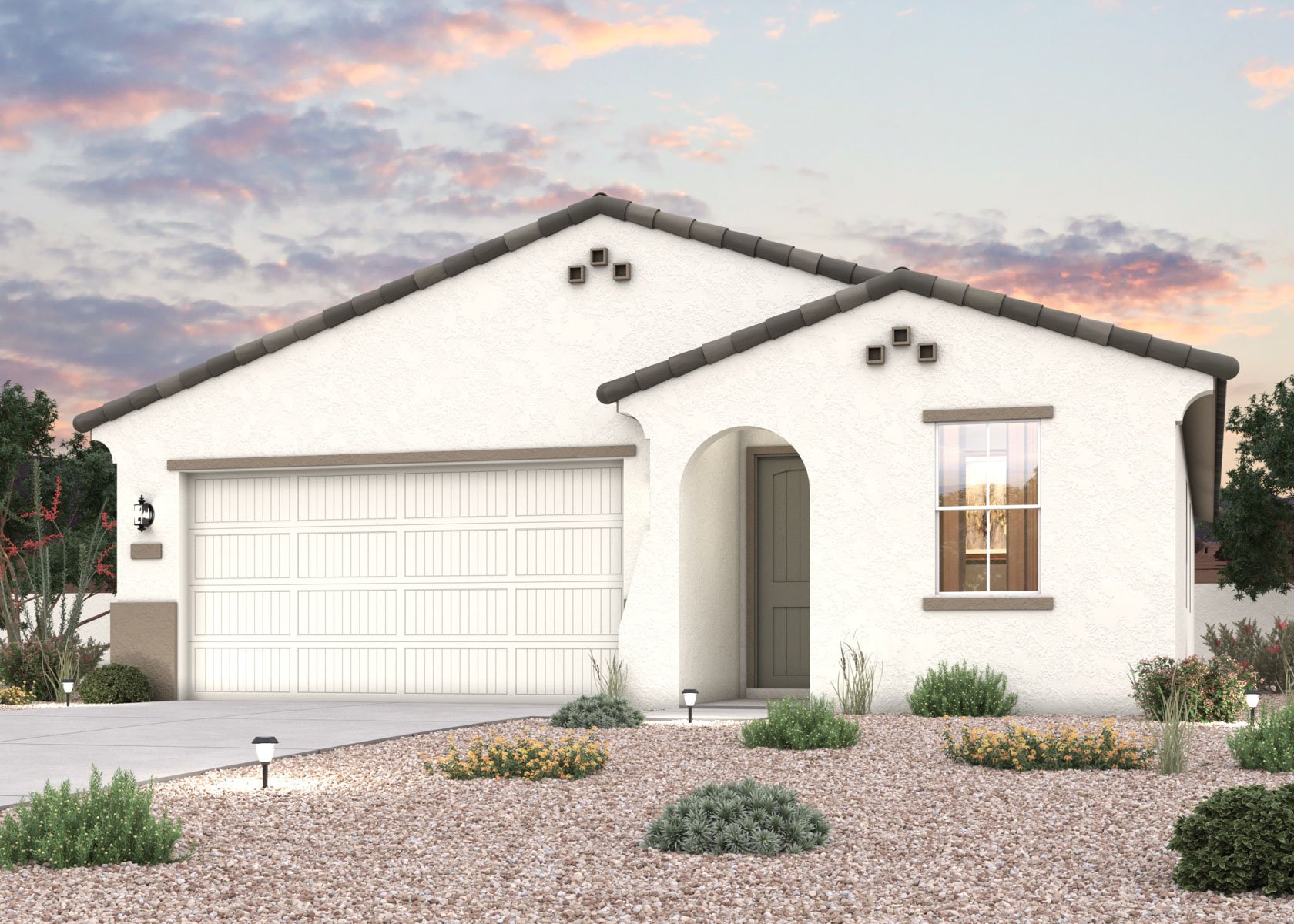 Twilight rendering of a new home for sale in Buckeye, AZ with 2 car garage at Montana Vista by Century Communities.