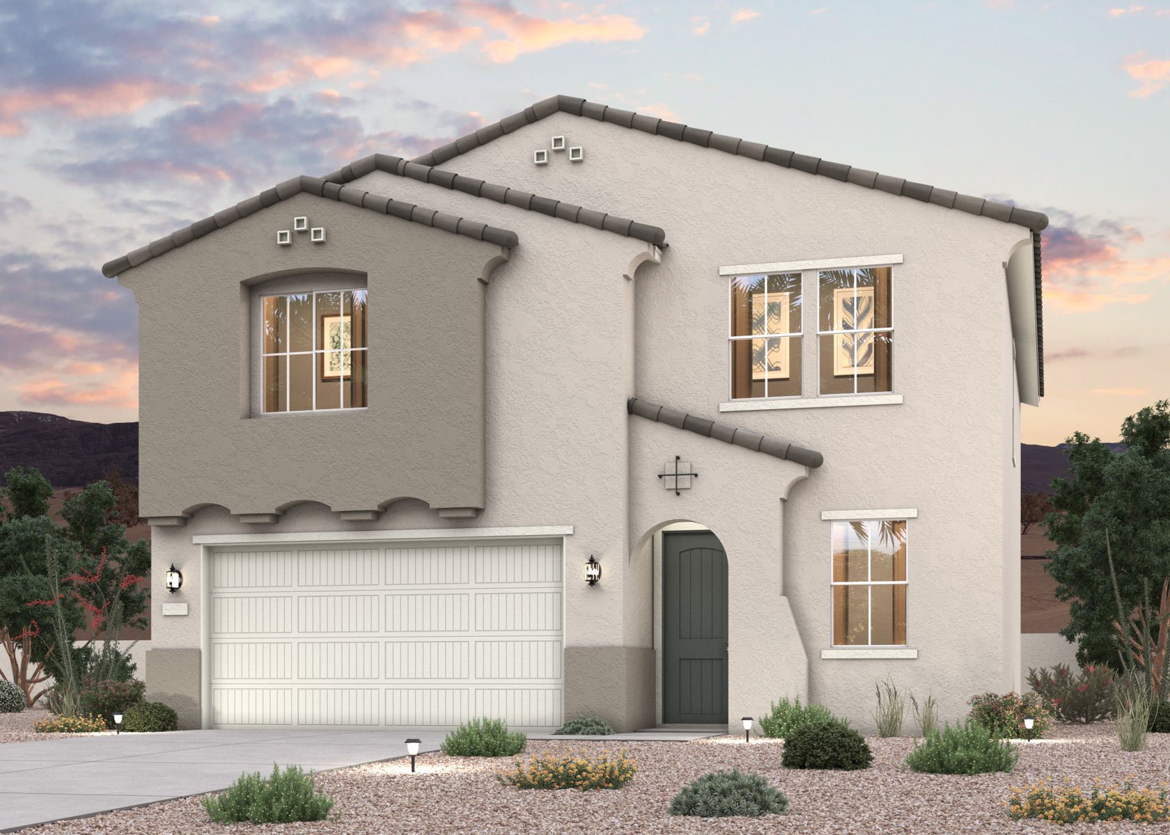 Twilight rendering of a new 2-story home for sale in Buckeye, AZ with 2 car garage at Montana Vista by Century Communities.