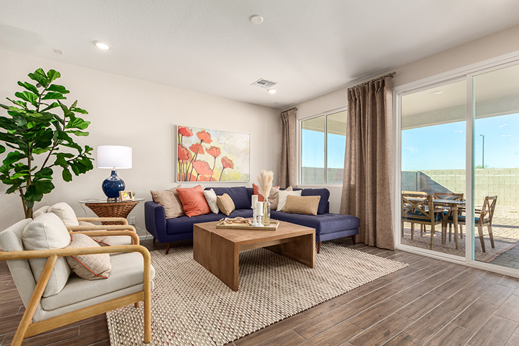 A living room with a large window.