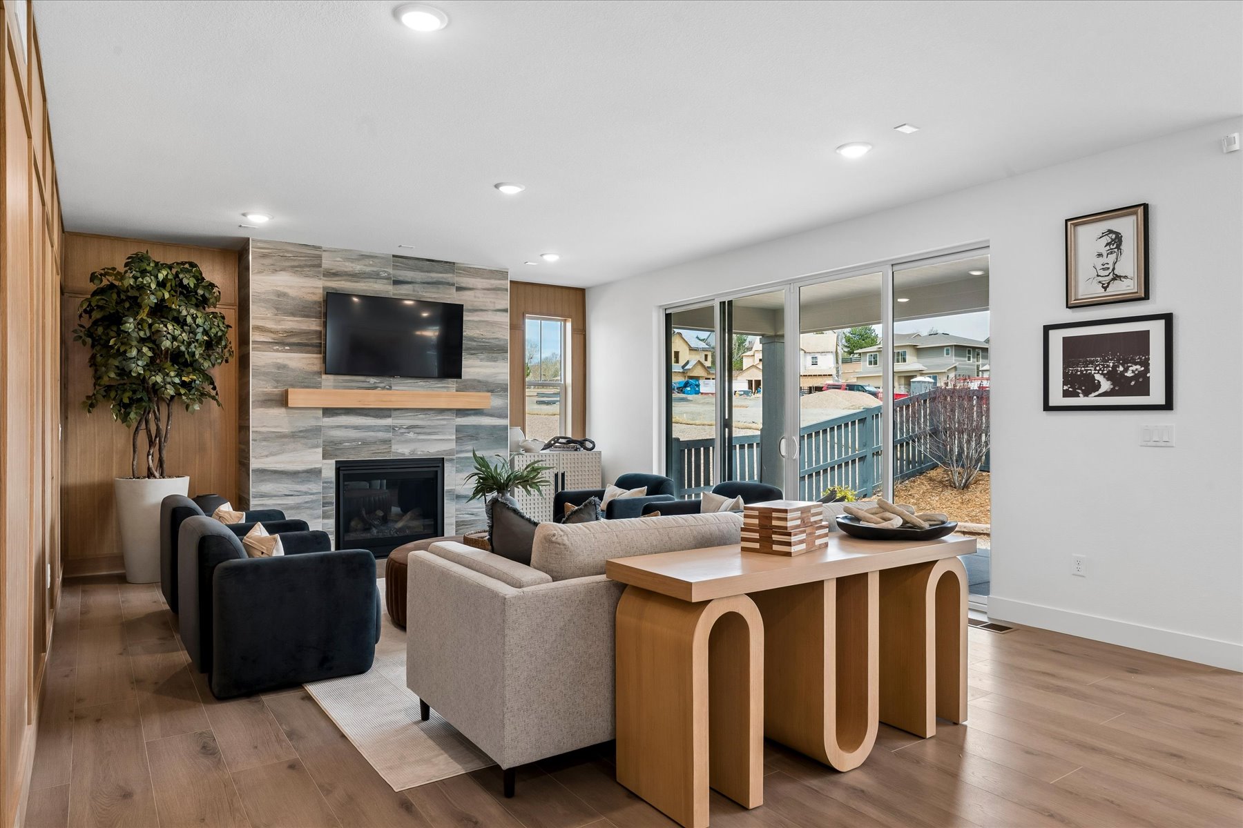 A living room with a fireplace.