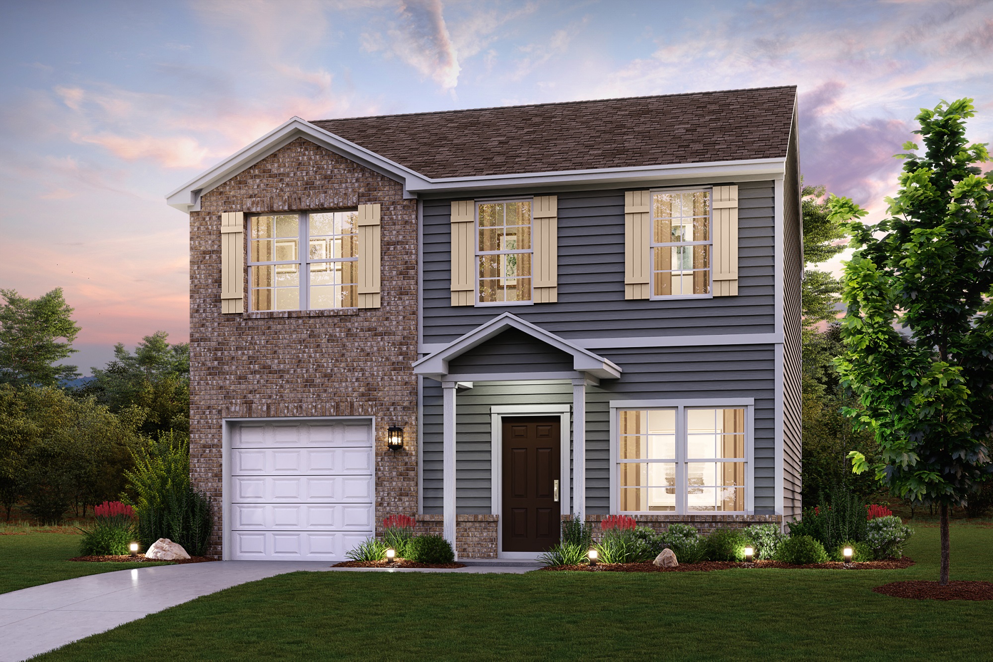 A house with a garage with Greersburg Academy in the background.
