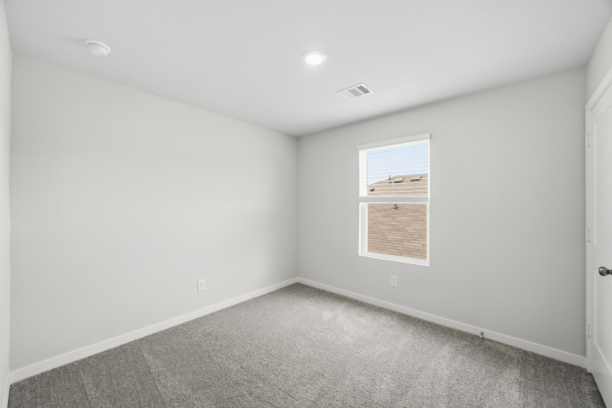 A room with a carpet and a door.