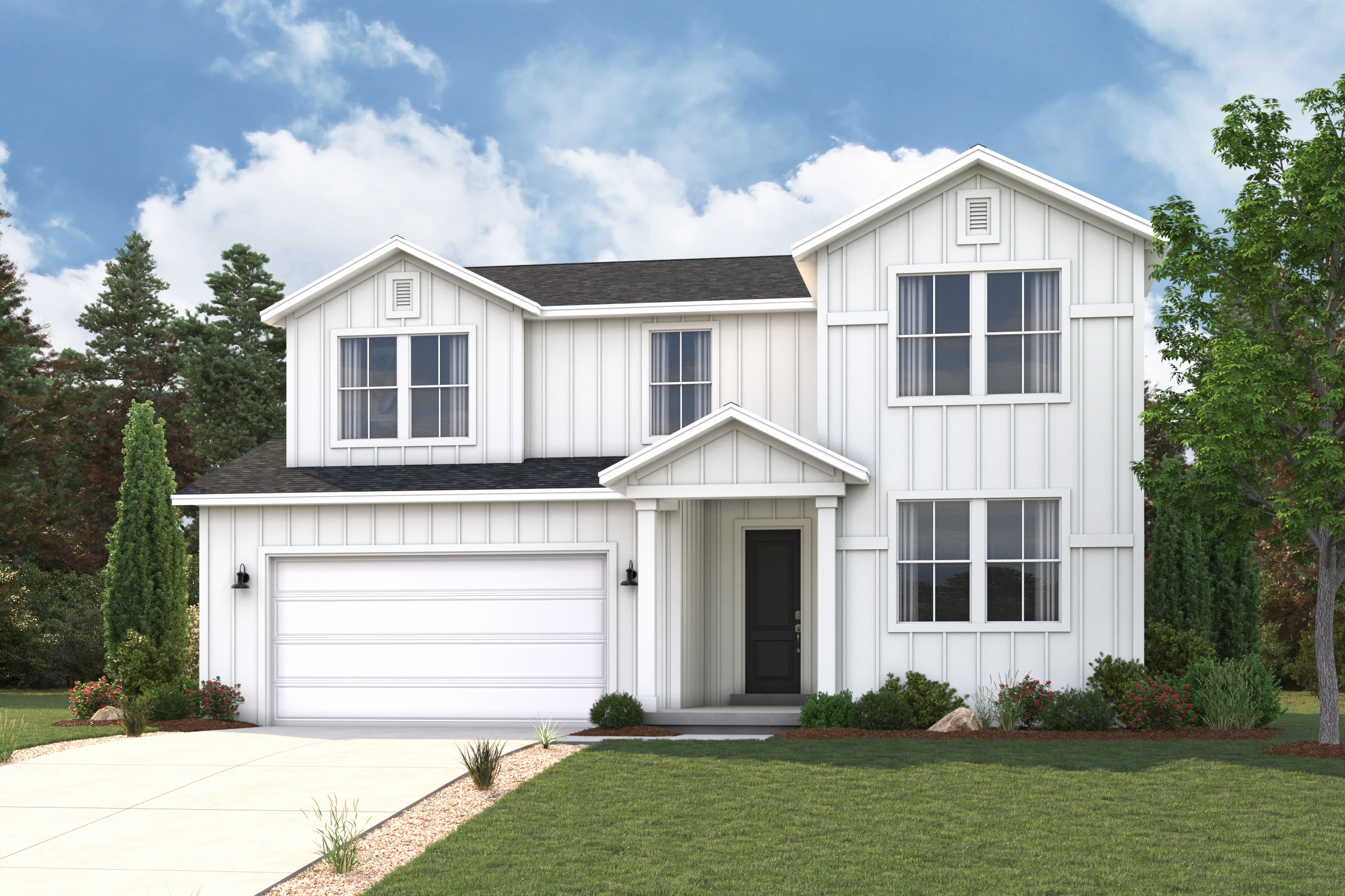 A white house with a green lawn.