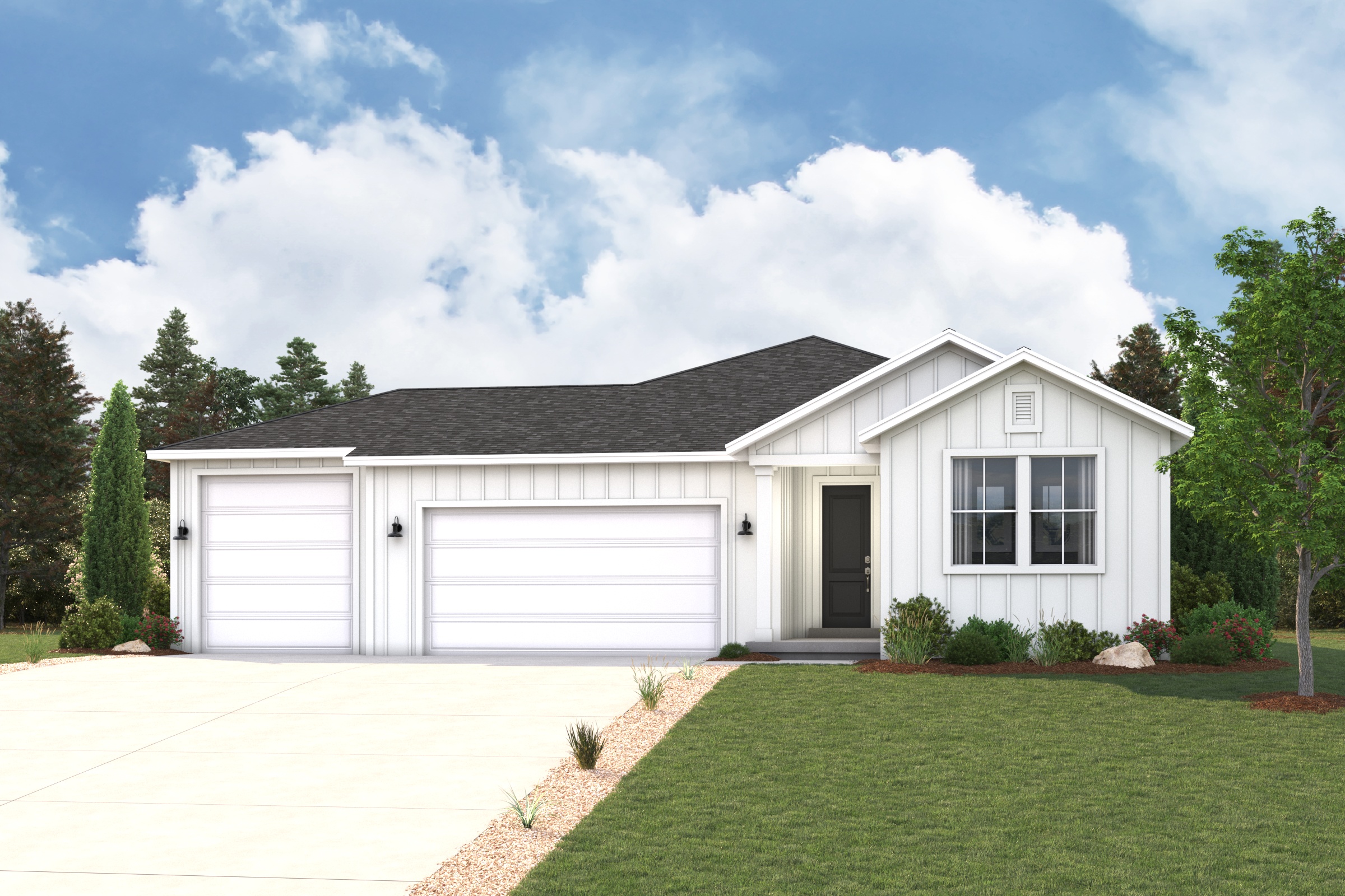 A white house with a garage.