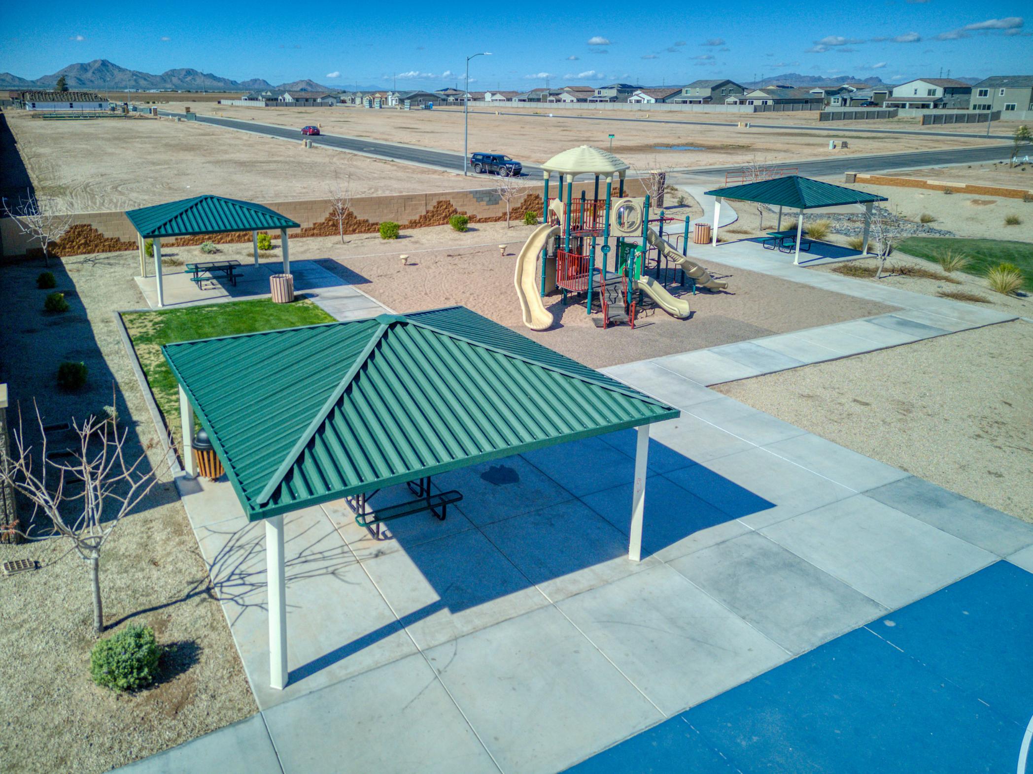 A swimming pool with a slide.