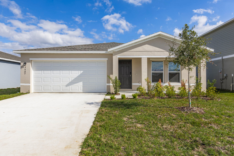 A house with a garage and a tree in the front.
